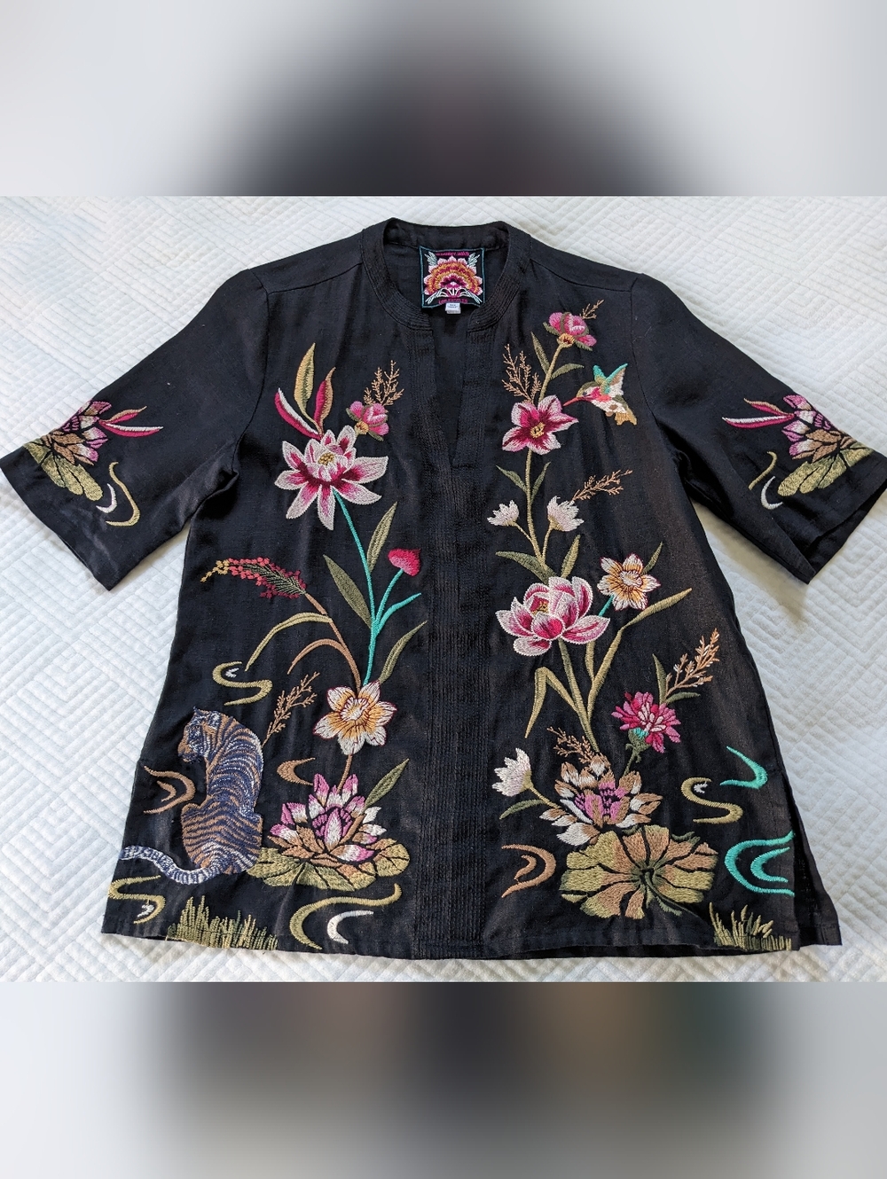 Johnny Was Linen Maisie Easy Top Embroidered Lotus Tiger Hummingbird Size XXS